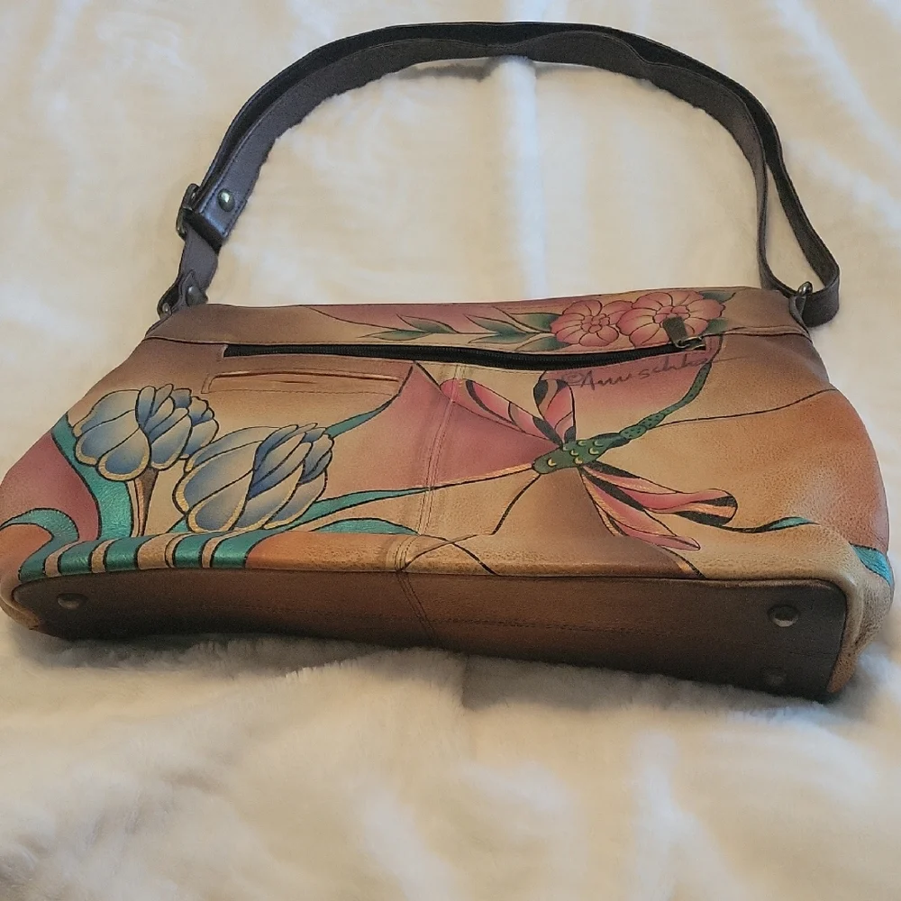 Anuschka Hand-Painted Leather Shoulder Bag - Floral Design 16" Wide 11 Long. - Picture 1 of 10